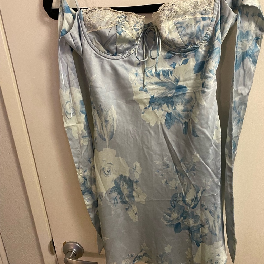 Blue Satin Floral Chemise with Delicate Straps